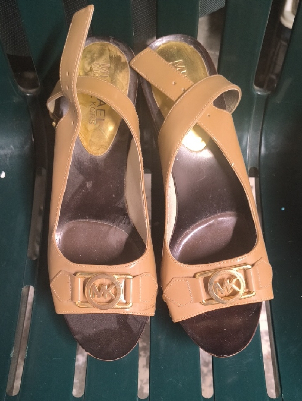 Michael Kors Beige Tan Leather Peep-Toe Slingback Sandals